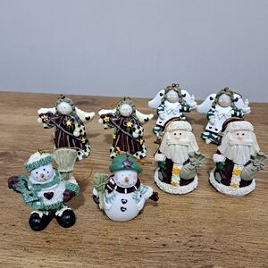 Christmas Ornaments Set Of 8 | Santas Snowmen Angels | Resin | Holiday Decor